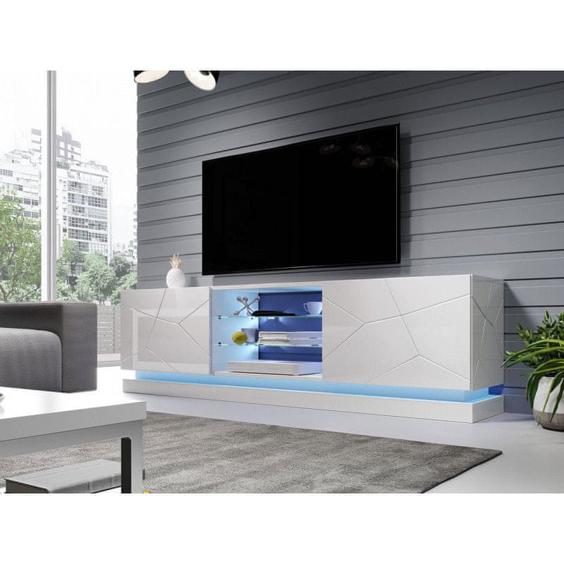 Veneti Televízny stolík s LED RGB osvetlením 200 cm LIMA - biely / lesklý biely